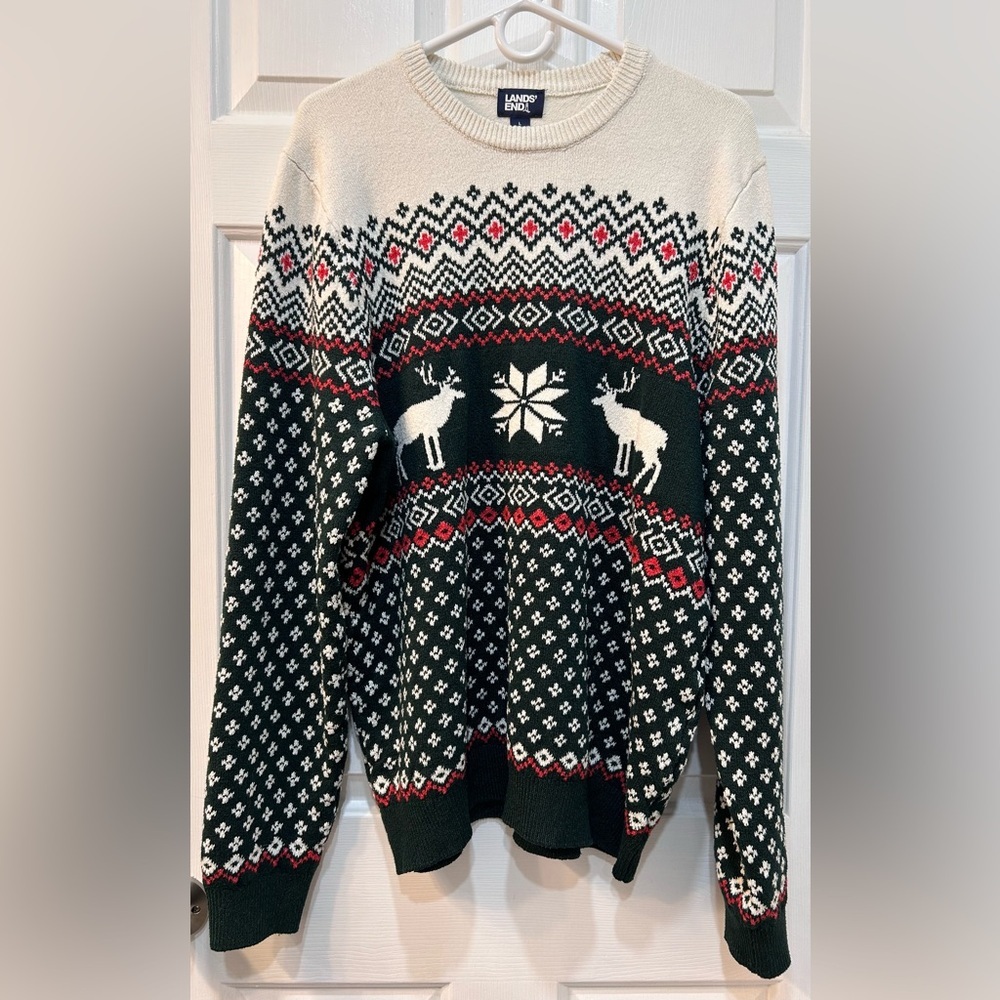 Lands' End Fair Isle Cozy Moose Sweater Men's Sz L Festive Holiday Cousin Eddie